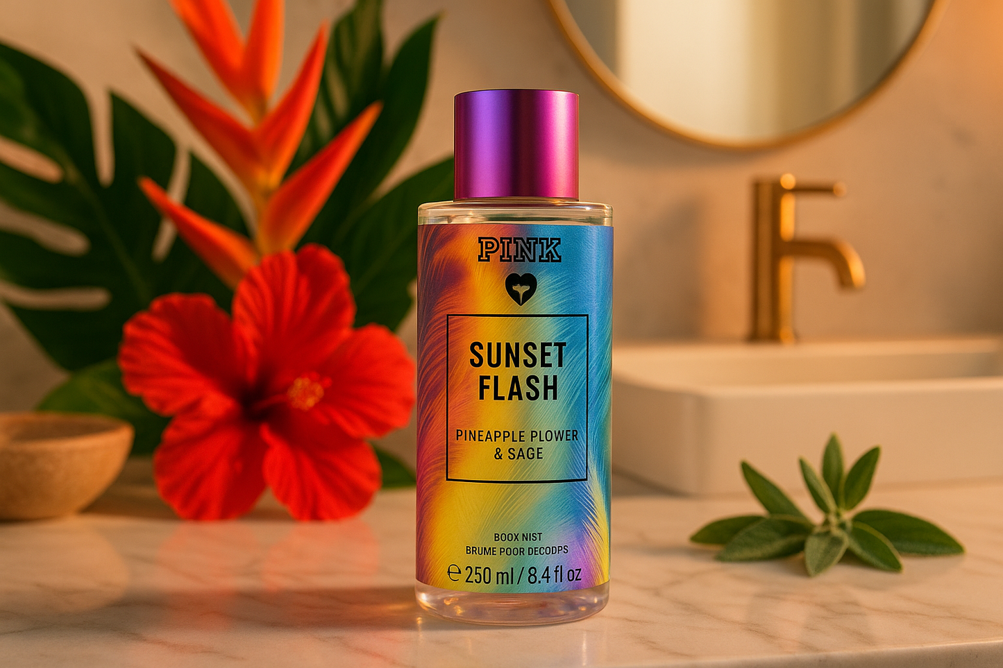 Generated lifestyle images for Victoria's Secret PINK Sunset Flash Body Mist