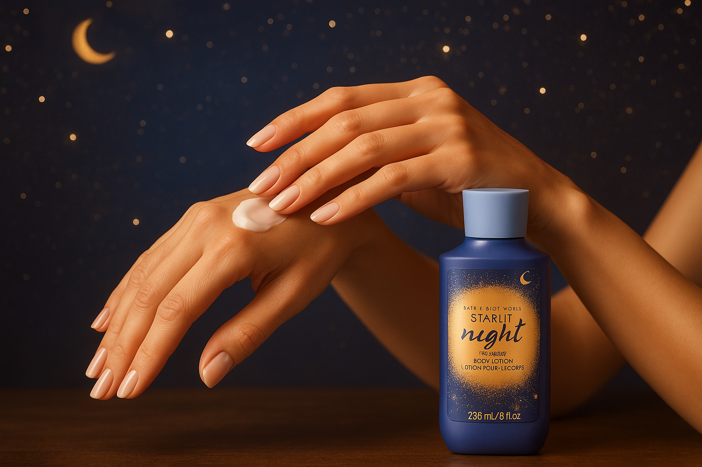 Lifestyle shot with hands applying lotion