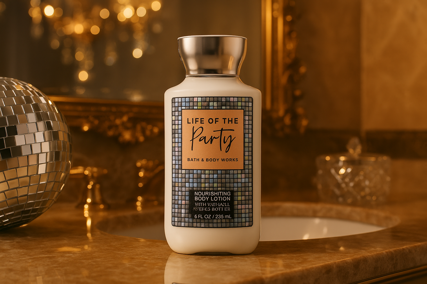 Product in glamorous bathroom with mirror ball reflections