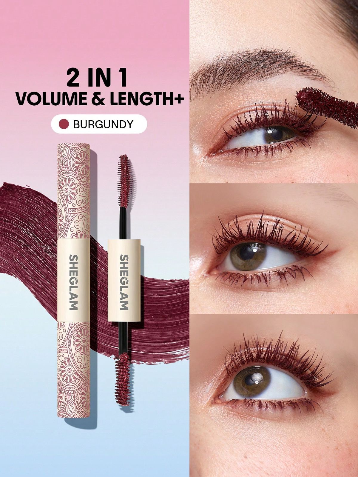 SHEGLAM All-In-One Volume & Length Mascara-Waterproof Burgundy Waterproof Colorful Double Head Brush