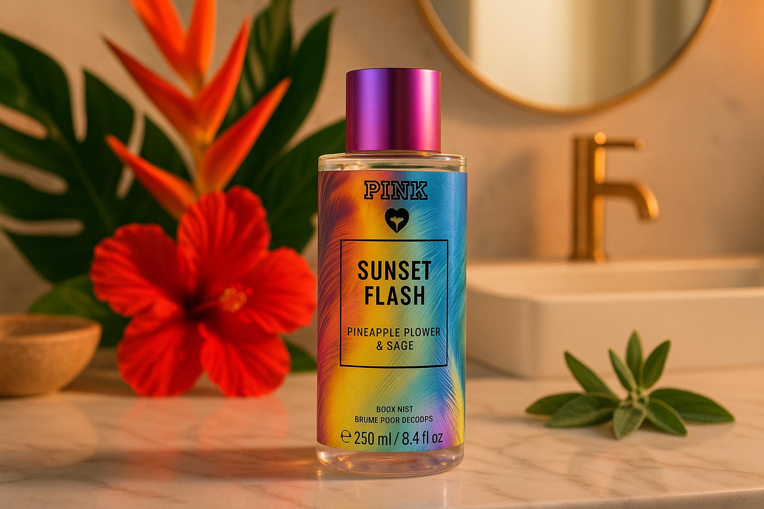 Generated lifestyle images for Victoria's Secret PINK Sunset Flash Body Mist