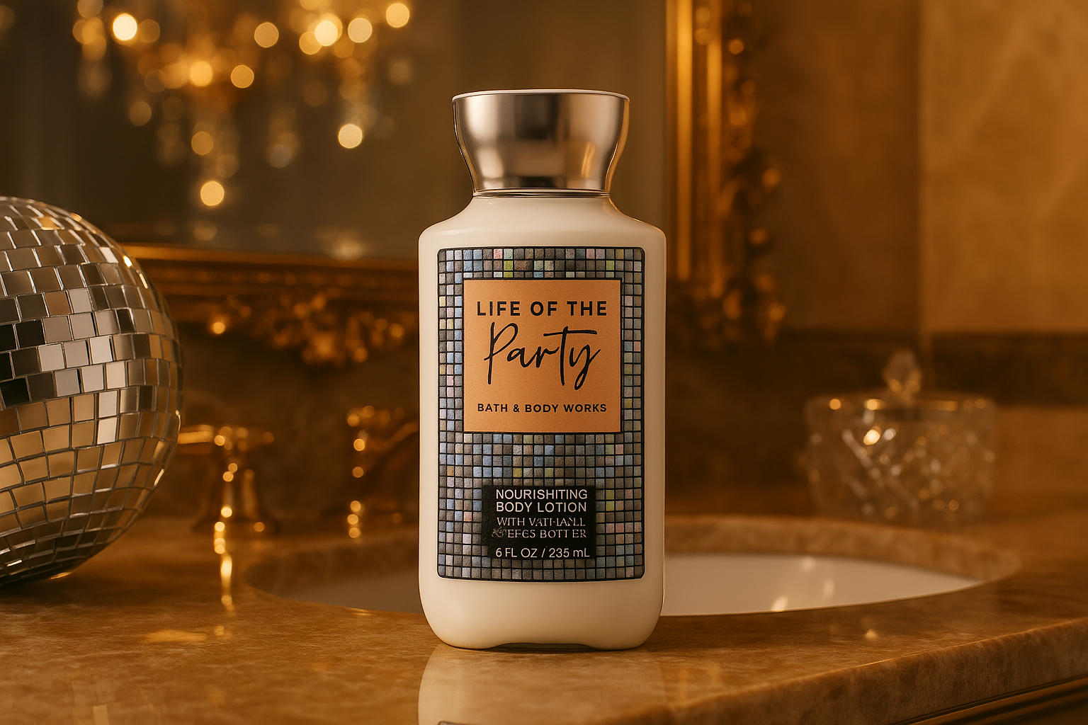 Product in glamorous bathroom with mirror ball reflections